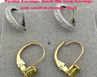 Lot 1838 2 Pr 14K Gold Small Earrings. 1. Peridot Earrings. Small WG hoop Earrings with small diamonds. Mark