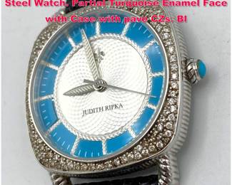 Lot 1967 JUDITH RIPKA Enamel Stainless Steel Watch. Partial Turquoise Enamel Face with Case with pave CZs. Bl