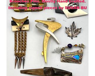 Lot 1741 7pc Modernist Artisan Studio Brooches Pins. Mostly Hand Crafted. Including signed pieces by SUSAN BU