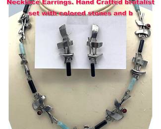 Lot 1760 Artisan Studio Signed Silver Necklace Earrings. Hand Crafted brutalist set with colored stones and b