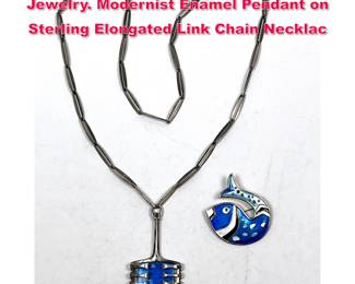 Lot 1787 2pc DAVID ANDERSON Enamel Jewelry. Modernist Enamel Pendant on Sterling Elongated Link Chain Necklac