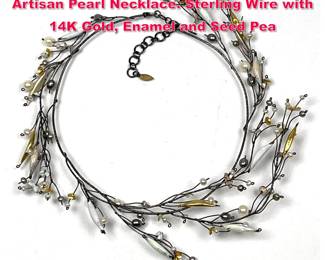 Lot 1701 LYDIA V. GERBIGFAST Studio Artisan Pearl Necklace. Sterling Wire with 14K Gold, Enamel and Seed Pea