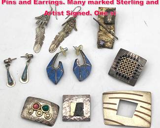 Lot 1758 8pc Silver Artisan Studio Jewelry. Pins and Earrings. Many marked Sterling and Artist Signed. One si