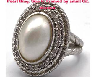 Lot 1994 JUDITH RIPKA Sterling Silver Oval Pearl Ring. Size 6. Framed by small CZ. Marked.
