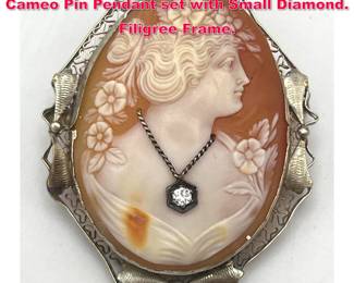 Lot 1848 Antique 14K Gold Carved Shell Cameo Pin Pendant set with Small Diamond. Filigree Frame.