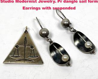 Lot 1726 3pc ED WIENER Sterling Artisan Studio Modernist Jewelry. Pr dangle sail form Earrings with suspended
