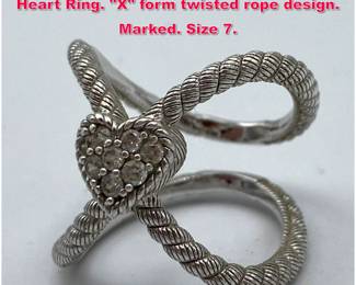Lot 1975 JUDITH RIPKA Sterling Silver CZ Heart Ring. X form twisted rope design. Marked. Size 7. 