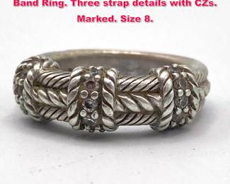 Lot 1995 JUDITH RIPKA Sterling Silver Band Ring. Three strap details with CZs. Marked. Size 8. 