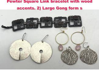 Lot 1890 4pc Modernist Studio Jewelry. 1 Pewter Square Link bracelet with wood accents. 2 Large Gong form s