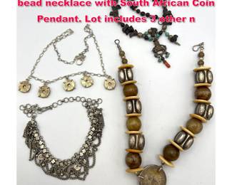 Lot 1912 4pc Statement Necklaces. Large bead necklace with South African Coin Pendant. Lot includes 3 other n
