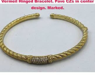 Lot 1944 JUDITH RIPKA Sterling Silver Vermeil Hinged Bracelet. Pave CZs in center design. Marked. 