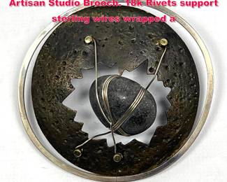 Lot 1715 AKICO Sterling 18K Gold Brutalist Artisan Studio Brooch. 18k Rivets support sterling wires wrapped a