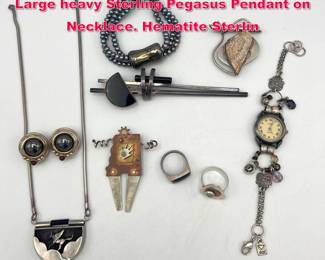 Lot 1765 9pc Studio Artist Silver Jewelry. Large heavy Sterling Pegasus Pendant on Necklace. Hematite Sterlin