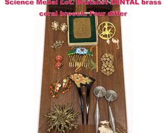 Lot 1913 Mixed Costume Jewelry Hair Comb, Science Medal Lot. Brutalist ZENTAL brass coral brooch. Four differ