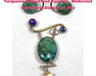 Lot 1729 2pc YUMI UENO Sterling, 14K Gold, Turquoise Brooch and Earrings. Modernist Geometric Details on Silv