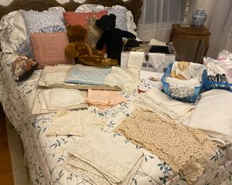 Vintage Double Bed With Ornate Wooden Headboard, Vintage Linens