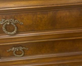 Karges French Provincial Louis XV, Hand Carved Burlwood Walnut, Brass, Chest Of Drawers, Chateau Provincial Dresser, Mid Century, 1970’s