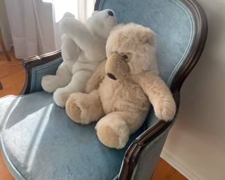 Pair Vintage French Louis XV Provincial Carved Bergere Lounge Armchairs, Wood Frames, Light Blue Velvet Upholstery, Cabriole Legs, Original Label, Century Chair Co. Hickory NC, Mid Century 