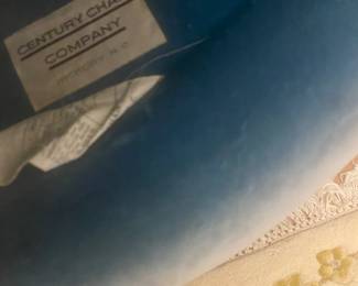 Pair Vintage French Louis XV Provincial Carved Bergere Lounge Armchairs, Wood Frames, Light Blue Velvet Upholstery, Cabriole Legs, Original Label, Century Chair Co. Hickory NC, Mid Century 