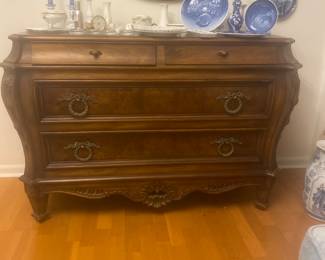 Karges French Provincial Louis XV, Hand Carved Burlwood Walnut, Brass, Chest Of Drawers, Chateau Provincial Dresser, Mid Century, 1970’s