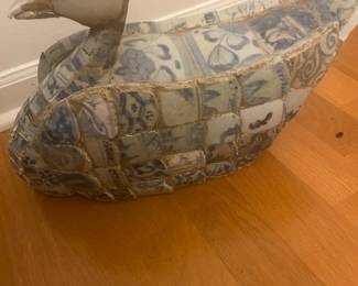 1970’s Blue & White Chardware Duck, Assembled With Old Pieces Ceramic/Porcelain, Chinese Mosaic Duck Figure, Assembled Onto Concrete, Heavy