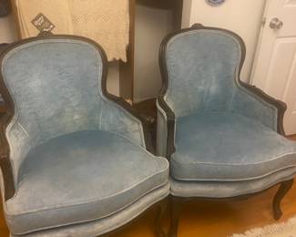 Pair Vintage French Louis XV Provincial Carved Bergere Lounge Armchairs, Wood Frames, Light Blue Velvet Upholstery, Cabriole Legs, Original Label, Century Chair Co. Hickory NC, Mid Century 