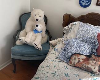 Pair Vintage French Louis XV Provincial Carved Bergere Lounge Armchairs, Wood Frames, Light Blue Velvet Upholstery, Cabriole Legs, Original Label, Century Chair Co. Hickory NC, Mid Century 