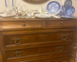 Karges French Provincial Louis XV, Hand Carved Burlwood Walnut, Brass, Chest Of Drawers, Chateau Provincial Dresser, Mid Century, 1970’s