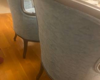 Pair Vintage French Louis XV Provincial Carved Bergere Lounge Armchairs, Wood Frames, Light Blue Velvet Upholstery, Cabriole Legs, Original Label, Century Chair Co. Hickory NC, Mid Century 