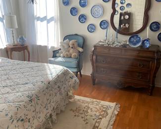 Kanges Evansville Dresser, Royal Copenhagen Plate Collection, Century Chair Company Baby Blue Crushed Velvet Chairs (2 Chairs), 