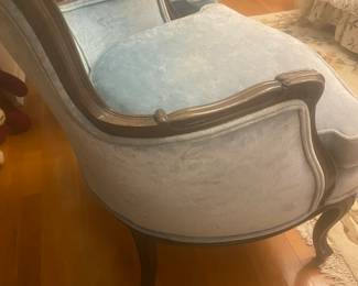 Pair Vintage French Louis XV Provincial Carved Bergere Lounge Armchairs, Wood Frames, Light Blue Velvet Upholstery, Cabriole Legs, Original Label, Century Chair Co. Hickory NC, Mid Century 