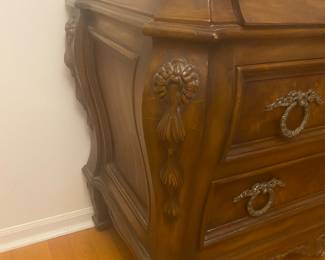 Karges French Provincial Louis XV, Hand Carved Burlwood Walnut, Brass, Chest Of Drawers, Chateau Provincial Dresser, Mid Century, 1970’s