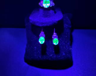 Synthetic uranium glass and pink cz ring and earrings 