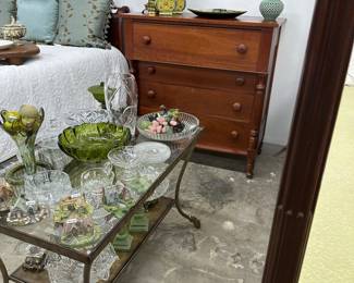 brass and glass coffee table, vintage glassware