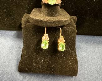 Synthetic uranium glass and pink cz ring and earrings 