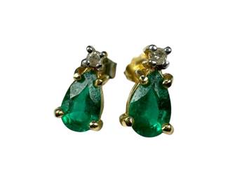 14kt Yellow Gold Synthetic Emerald and Diamond Stud Earrings