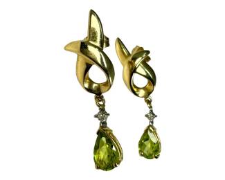 10kt Yellow Gold Peridot and Diamond Dangle Earrings