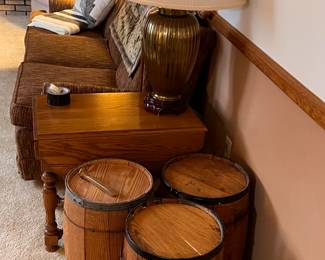 Oak nail keg barrels.  Notice the drop leaf side table.  We have several side tables including a couple more drop leaf ones