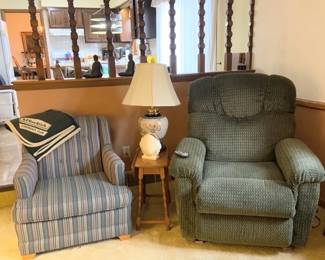 La-Z-Boy, Lazboy massage lift chair.  Several side chairs and recliners available.  In fact, we have FIVE recliners for sale.