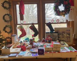 Lots of Christmas, including some great vintage glass bulbs and other misc vintage items.  Two small trees (one  fiber optic), garland, wreaths, small snowman blow mold