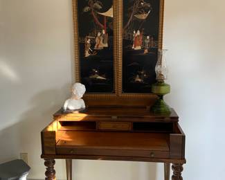Beautiful vintage secretary desk and a set of Oriental wall panels inlaid with bone and gemstones