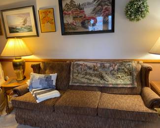 Pristine condition - brown tweed upholstered three cushion sofa