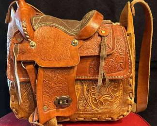 Tooled Leather Horse Saddle Shoulder Bag