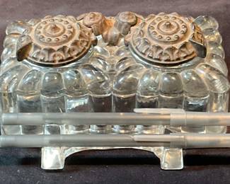 Tatum Antique 2 Well Glass Inkwell With Pen Rest And Metal Lids