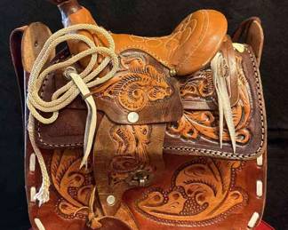 Tooled Leather Horse Saddle Shoulder Bag