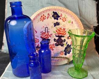 Medicine Bottles, Green Glass Vase Ceramic Boquet Plate