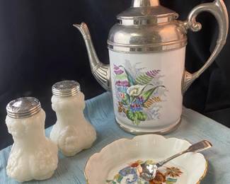 Enamel Graniteware Coffee Pot,Haviland Porcelain Nut Dish