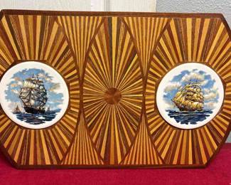 Wood Tray With Porcelain Clipper Ship Ceramic Inlay