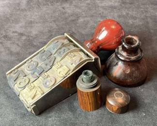 Pullman Price Stamp, Wood Ink Well And Glass Well