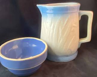 Blue And Gray Cattail Pitcher USA Stoneware Mixing Bowl 